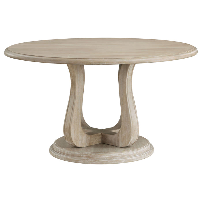 Trofello - Round Dining Table With Curved Pedestal Base - White Washed