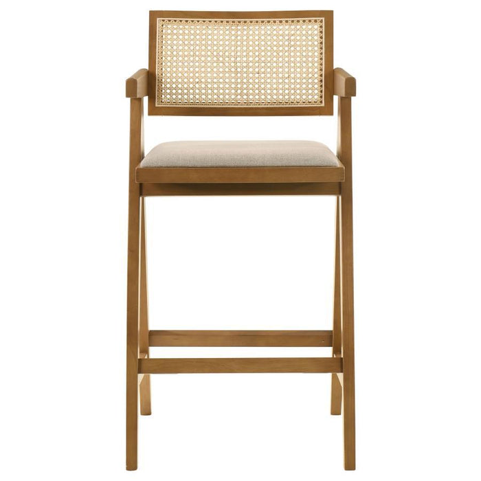 Kane - Solid Wood Bar Stool With Woven Rattan Back and Upholstered Sea (Set of 2) - Light Walnut And Sand