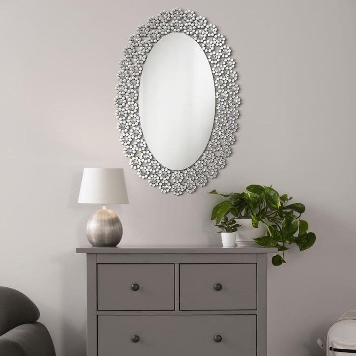 Colleen - Oval Wall Mirror With Faux Crystal Blossoms - Silver