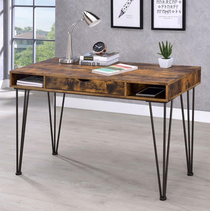 Olvera - 1-Drawer Writing Desk - Antique Nutmeg And Dark Bronze