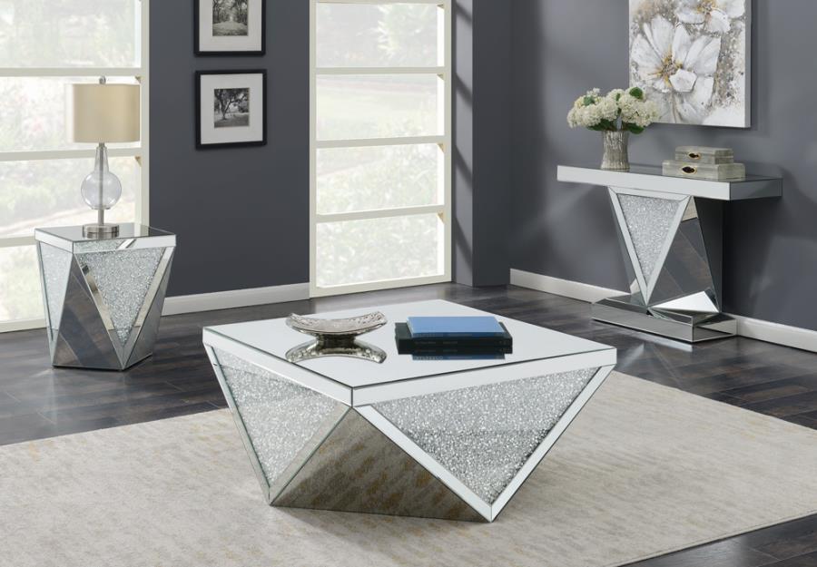 Amore - Square End Table With Triangle Detailing - Silver And Clear Mirror