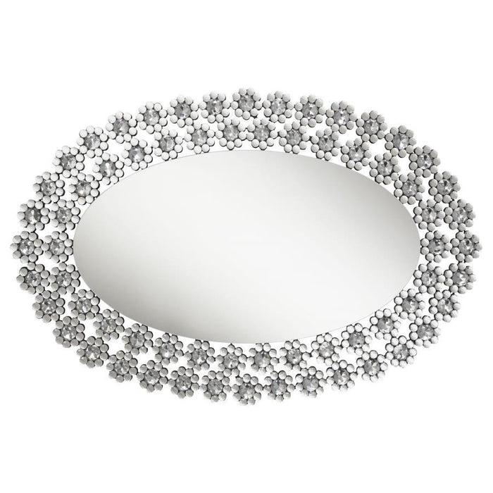 Colleen - Oval Wall Mirror With Faux Crystal Blossoms - Silver