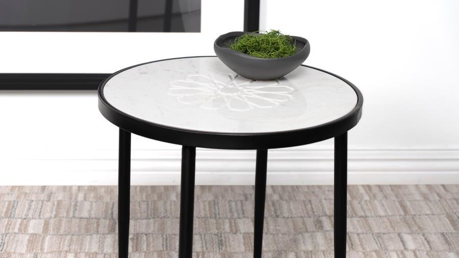 Kofi - Round Marble Top Side Table - White And Black