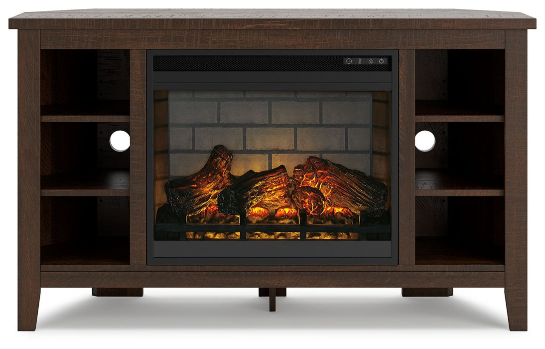 Camiburg - Warm Brown - Corner TV Stand With Faux Firebrick Fireplace Insert