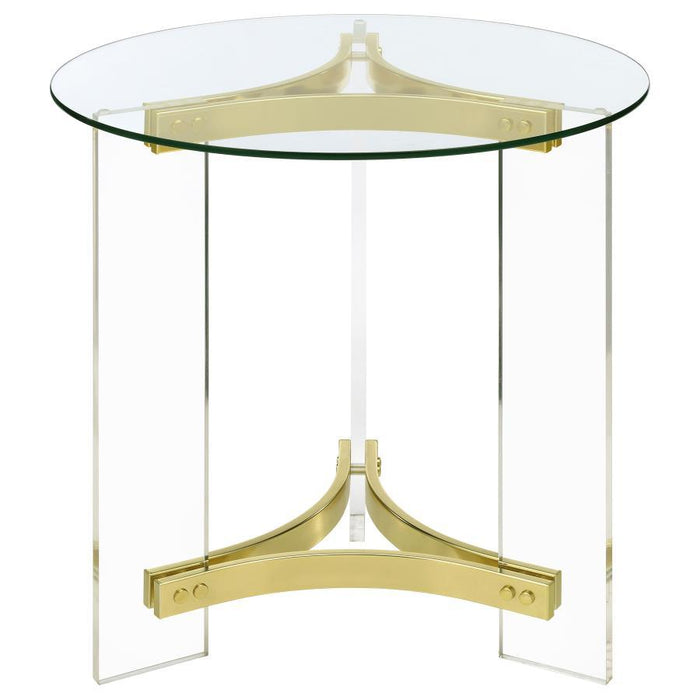 Janessa - Round Glass Top End Table With Acrylic Legs - Clear And Matte Brass