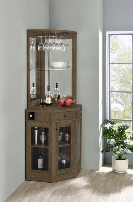 Alviso - Corner Bar Cabinet With Stemware Rack - Rustic Oak