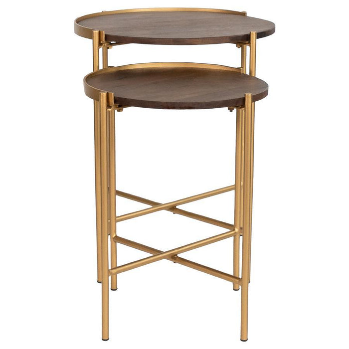 Malka - 2 Piece Round Nesting Table - Dark Brown And Gold